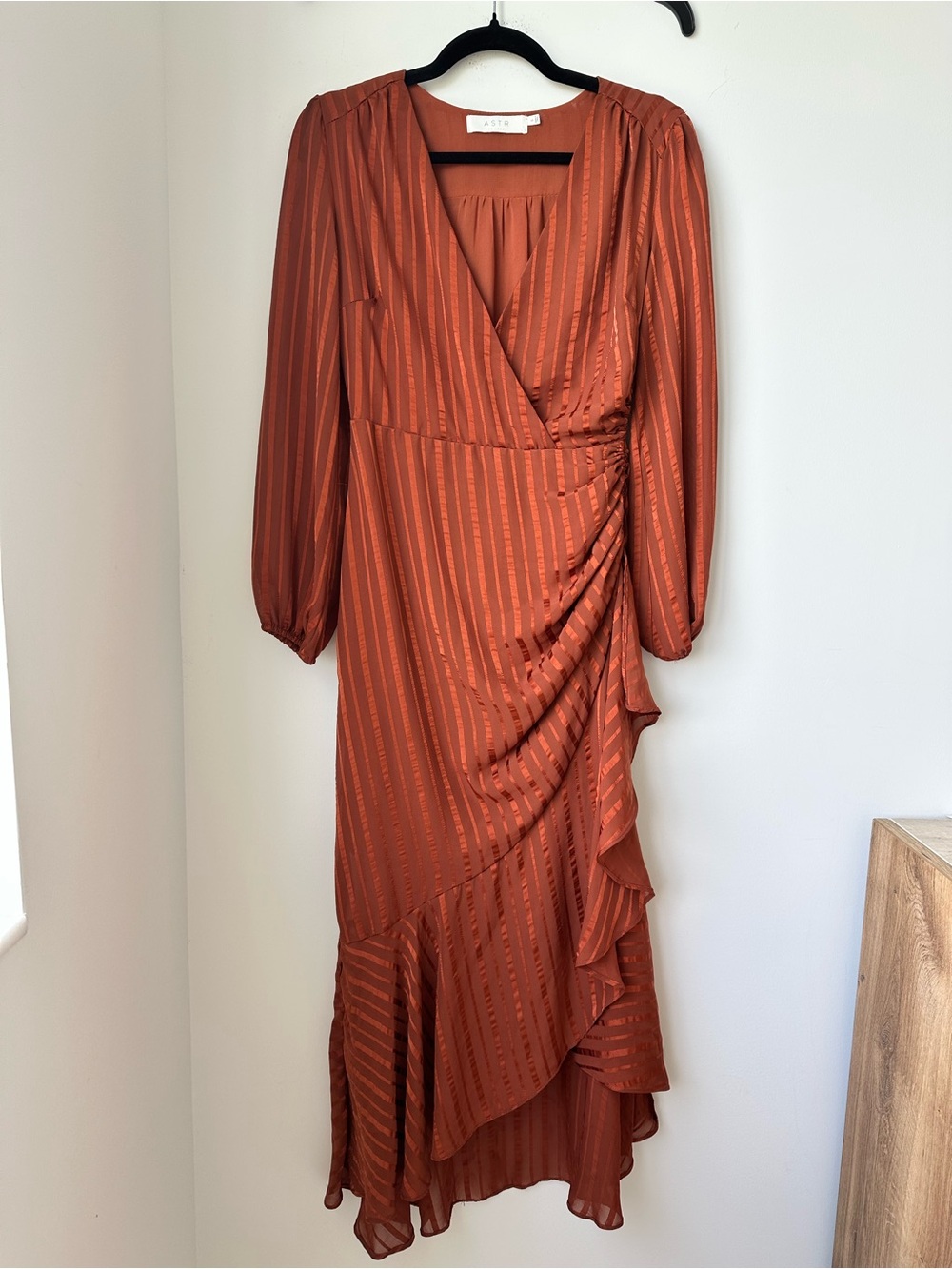 Astr Rust High-Low Wrap Dress with Ruffle Detail